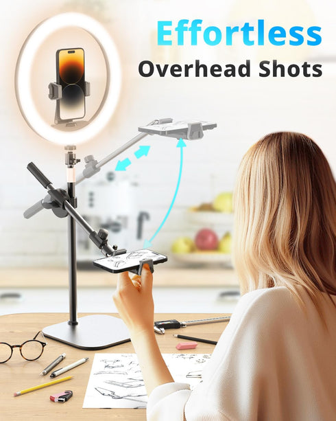UBeesize 12" Desk Ring Light with Stand & Phone Holder - Overhead Mount for Video Recording, Zoom, Live Streaming