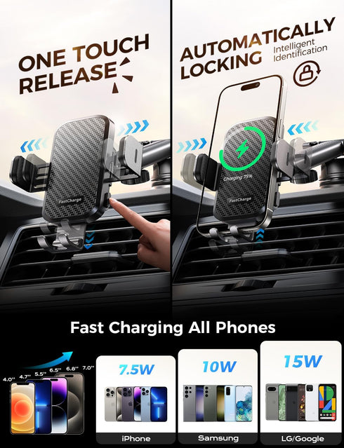CHGeek Wireless Car Charger with Phone Holder Mount, 15W Fast Charging for Car Accessories
