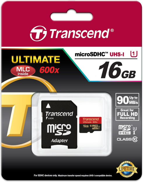 Transcend 16 GB MicroSDHC Class 10 UHS-I Memory Card with Adapter, 90 Mb/s