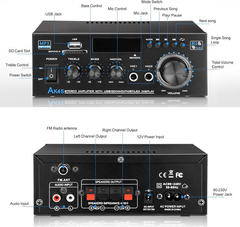 Home Audio Power Amplifier with Bluetooth, 100Wx2 Stereo Receiver, Dmyond Home Amplifiers with FM Radio USB, AUX, RCA