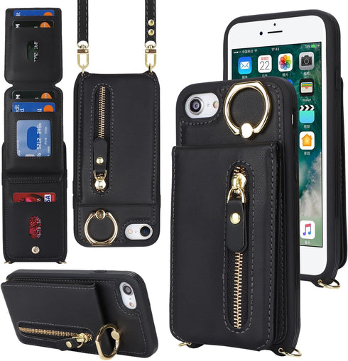 iPhone 7 8 SE (2020) Case with Card Holder for Women, iPhone 7 8 SE (2020) Phone Case Wallet with Strap Credit Card Slots Crossbody with Kickstand Zipper Case - Black