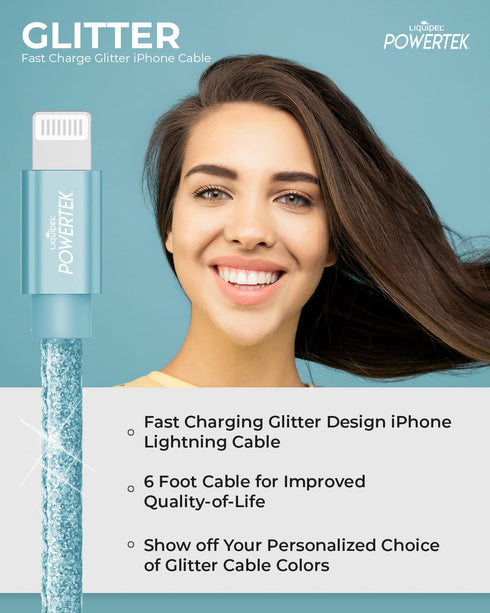 LIQUIPEL Powertek Glitter MFi Certified Charger Compatible for Apple iPhone, iPad, 6ft Cable, Lightning to USB Cable Cord, Fast Charging Lightning Cable (Baby Blue)