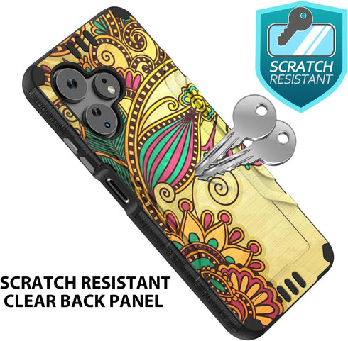 TJS Hybrid Shockproof Case for Boost Mobile Celero 5G + Plus 2024, Antique Flower, with Tempered Glass Screen Protector.