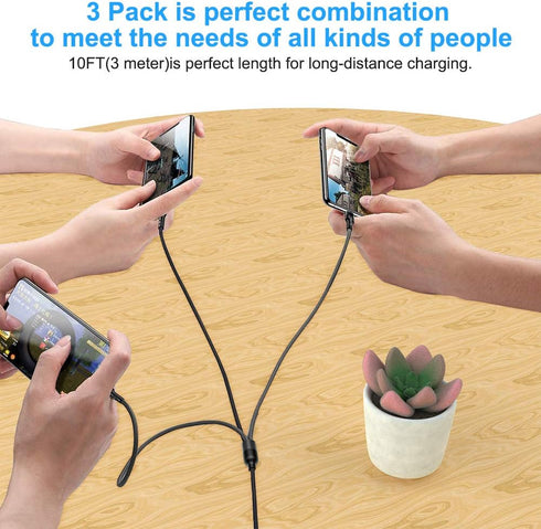 Multi 3 in 1 USB Long iPhone Charging Cable, 3M/10Ft Nylon Braided Universal Phone Charger Cord for Android, Apple,