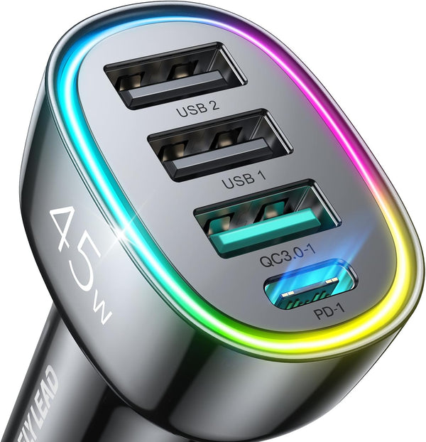 USB C Car Charger, 45W 4 Ports Super Fast Adapter, PD3.0 & QC3.0 30W Type C Charger Compatible with iPhone 15/14/13/12