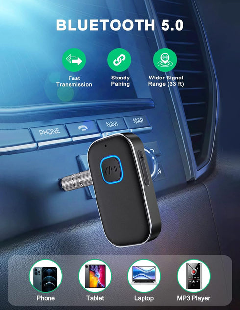 COMSOON Bluetooth AUX Adapter for Car, Noise Reduction Bluetooth Receiver for Music/Hands-Free Calls, 16H Battery Life,