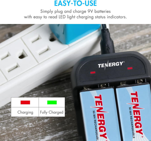 Tenergy 9V 250mAh 4 Pack 2 9V Battery Rechargeable NiMH Square Battery with Bay Battery Charger for Smoke