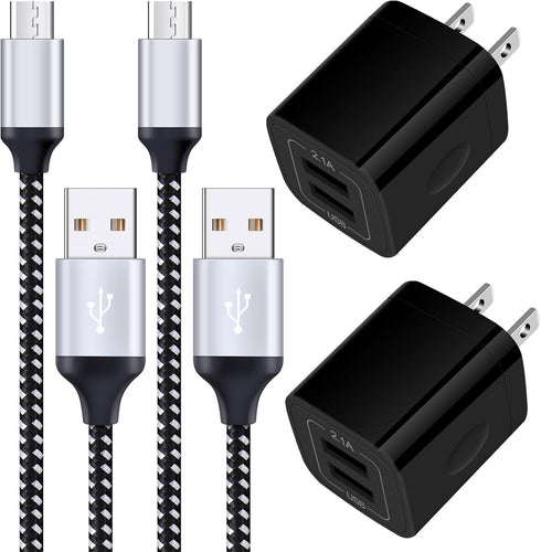 Android Charger, 2-Pack 2.1A Dual Port USB Charging Block with 6FT Fast Charging Micro USB Cable for Samsung Galaxy