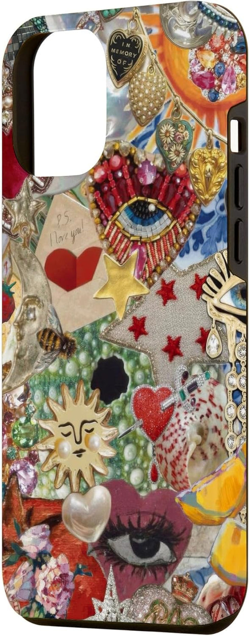 Vintage Mosaic Art Charm Case for iPhone 15 Pro Max, Trendy Scrapbook Collage Design