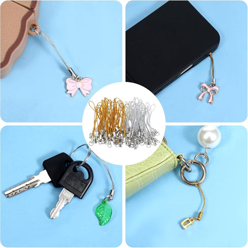 Larrel 100PCS 58mm Phone Keychain Strap, Cell Phone Split Ring Strap, Gold/Silver Cellphone Charms Lanyard String