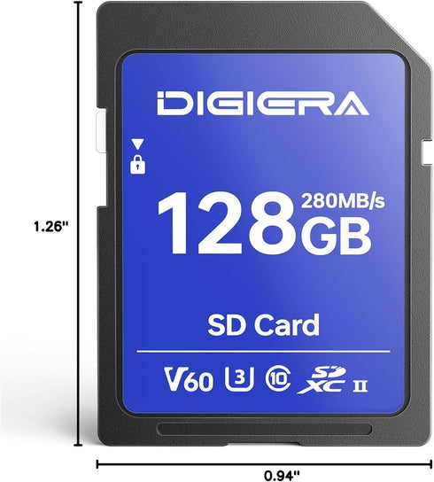 DIGIERA 128GB LSU100 280MB/s, C10, U3, V60, 6K, (1 Pack) SDXC UHS-II Memory Card - up to SD Card for Computers, Digital