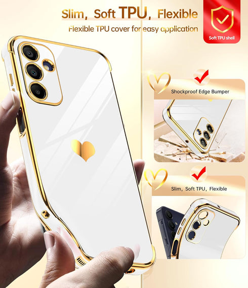 LeYi Galaxy A15 5G Case: Cute Luxury Soft TPU, Tempered Glass Protector & Full Camera Lens Protection, White.