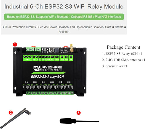Waveshare Industrial 6-Channel ESP32-S3 Relay Module, Supports Wi-Fi/BLE/RS485 Control, Onboard Interfaces for Expansion