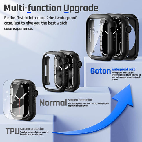 2-Pack Goton Waterproof Apple Watch Case for Series 9 8 7, 360 Protective Glass Face Cover + Back Bumper