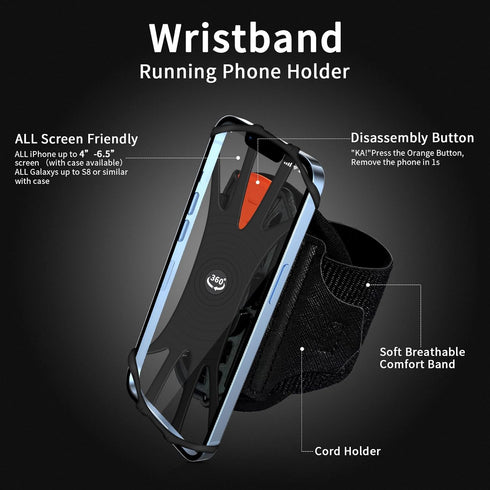 Armband Phone Holder, 360° Rotation & Detachable, Fits 4.7''-7.5'' Phones, Compatible with iPhone 15/14/13/12