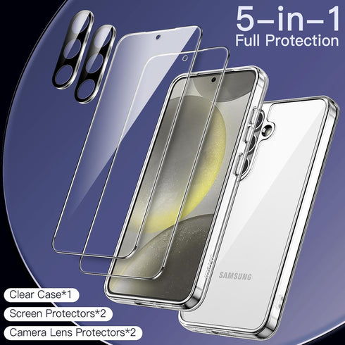 JETech 5 in 1 Case for Samsung Galaxy S24 5G, Clear Non-Yellowing Shockproof Bumper with 2-Pack Screen & Camera