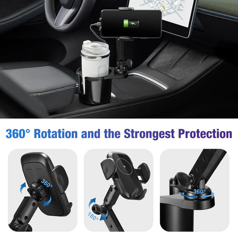 This Hill 3-in-1 Car Wireless Charger Cup Holder, 15W Charging, Adjustable Base & 360° Rotation for Smartphones