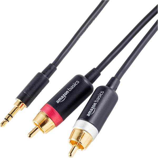 Amazon Basics 3.5 Aux to 2 x RCA Adapters, 4 Feet/1.2 m Audio Cable for Amplifiers, Active Speakers, Black