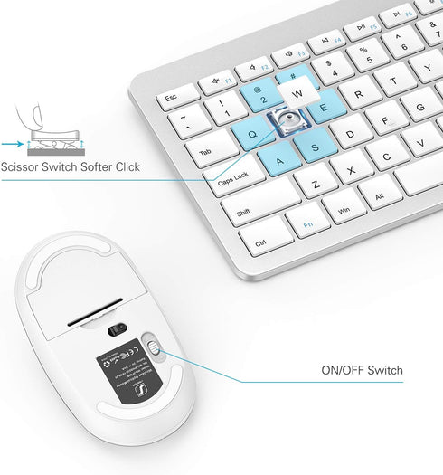 Wireless Keyboard and Mouse Combo, Full Size Slim Thin Wireless Keyboard with Numeric Keypad (White & Silver)