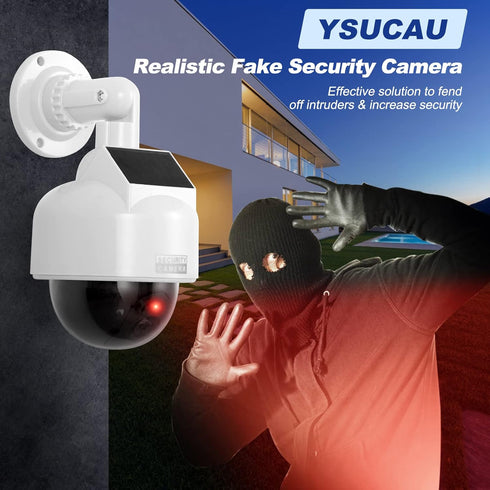 Solar Powered Dummy Fake CCTV Security Dome Camera with Flashing Red LED Light & Warning Security Alert Sticker Decal