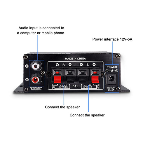 12V 2 MP3 XMSJSIY HiFi Stereo Audio Amplifier for Car Channel HiFi Bass Audio Subwoofer Amp for Cars CD DVD Player