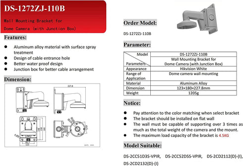 DS-1272ZJ-110B Wall Mount Bracket with Base for Hik-Compatible Dome IP Camera, WMS WML PC110B, White, Pack of 1