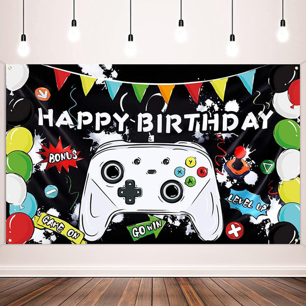 Video Game Happy Birthday Backdrop Banner for Kids Boys Party - Gaming Photography Background Wall Decoration Supplies
