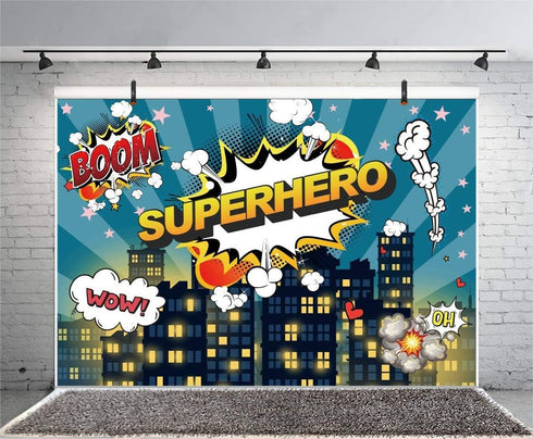 Haoyiyi 5x4ft Superhero City Backdrop, Dark Blue Sky Boom Cloud Background for Photography Activity Decoration