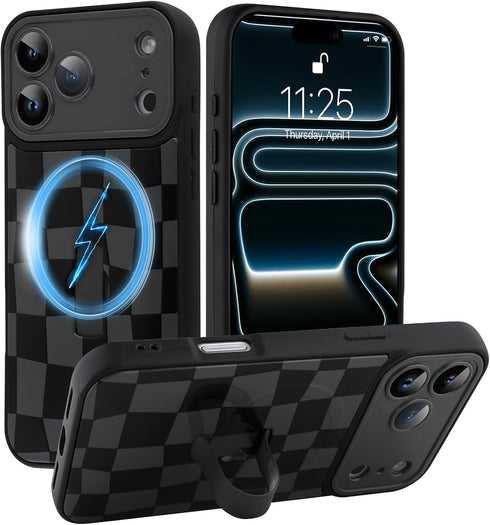 SOKAD Magnetic Checkered Case for iPhone 17 Pro Max with Finger Strap Kickstand,