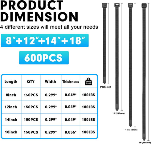 600 Pack (8+12+14+18Inch) 100lb Zip Ties Assorted Sizes, RAZCC Black Cable Ties, Self-Locking Plastic Wire Ties