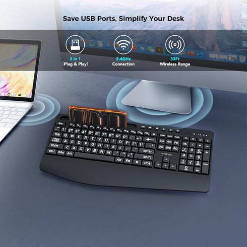 KYSONA 2.4G Large Print Wireless Keyboard, Full Size Cordless Computer Keyboard with Phone Holder, Palm Rest, Ergonomic