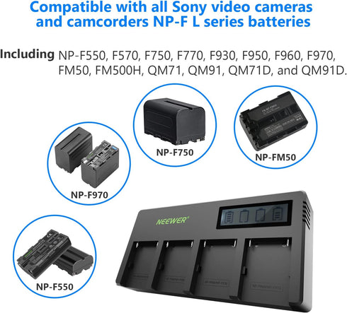 Neewer 4-Channel NP-F Battery Charger with LCD Screen & Power Adapter, Compatible with Sony NP-F550 F570 F750 F770