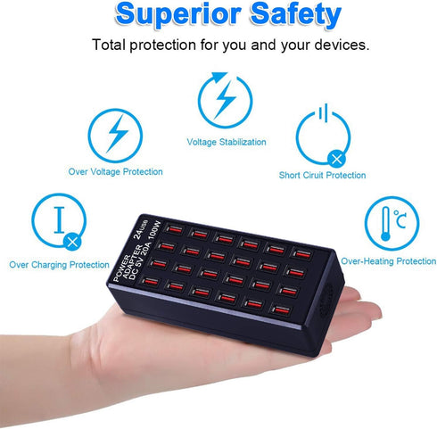 24-Port 100 Watt USB Charging Station, Fast Charger for Home & Travel
