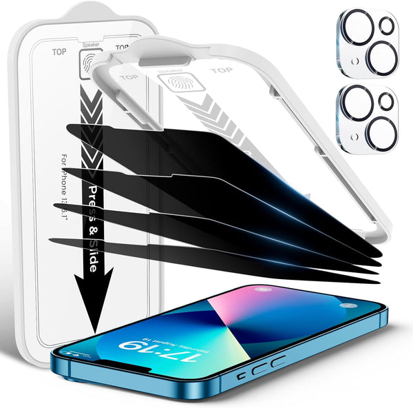 4 Pack Privacy Screen Protector for iPhone 13, 2 Pack Camera Lens Protector, 9H Hardness Scratch Resistant Tempered