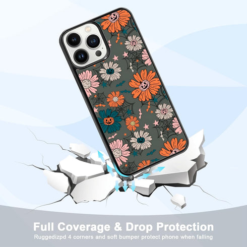 Vintage Pumpkins Head Flower iPhone 14 Pro Max Case - TPU Shockproof, Spooky Halloween Spider Web Cover for All!