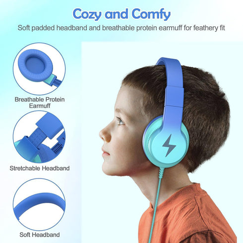 Kids Headphones with Microphone, Wired 85/94dB Volume Limiter, Sharing Jack, Foldable for Online Study, Gradient Blue