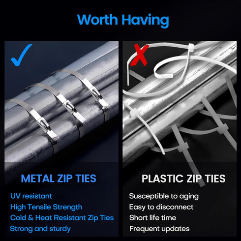 Metal Zip Ties - 100 Pcs 11.8 Inch 304 Stainless Steel Multi-Purpose Cable Ties for Outdoor Use