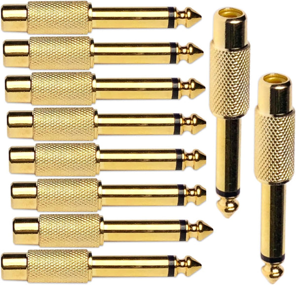 6.35mm 1/4" TS Plug to RCA Female Jack Adapter Connector - 10 Pack, Gold-Plated Mono Male to RCA Female