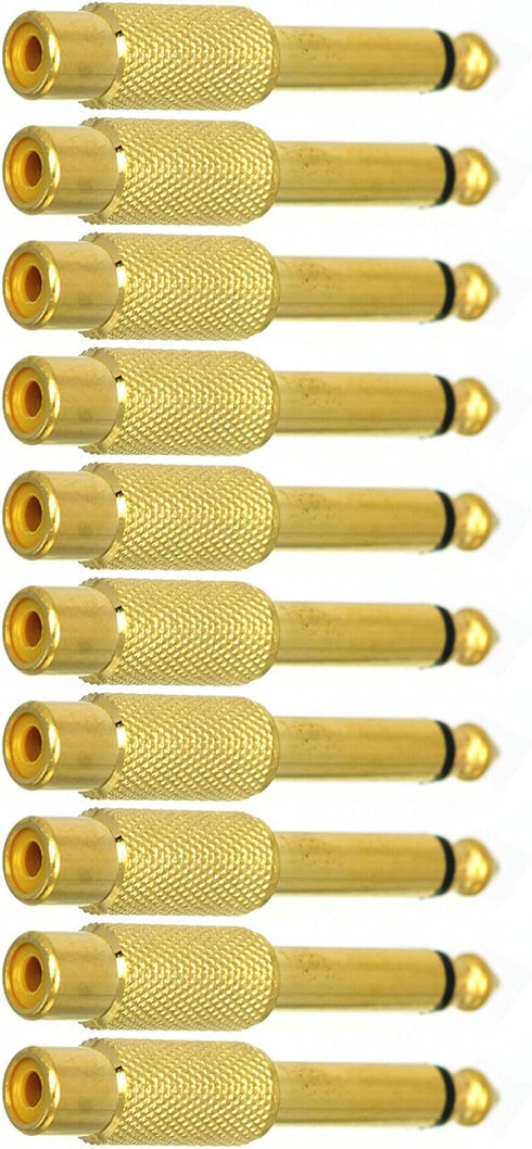 6.35mm 1/4" TS Plug to RCA Female Jack Adapter Connector - 10 Pack, Gold-Plated Mono Male to RCA Female