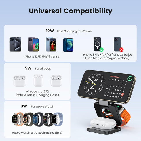 3 in 1 Charging Station for Apple, Foldable Mag-Safe Portable Charger Dock for iPhone 16 15 14 13 12, Apple Watch,