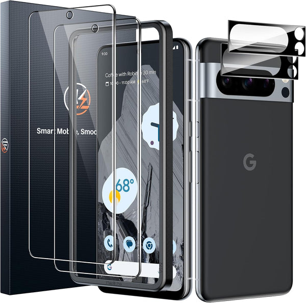 Google Pixel 8 Pro Screen Protector 2 Pack + Camera Lens Protector 2 Pack, Bubble-Free, Easy Install, Fits Lens Cutouts.