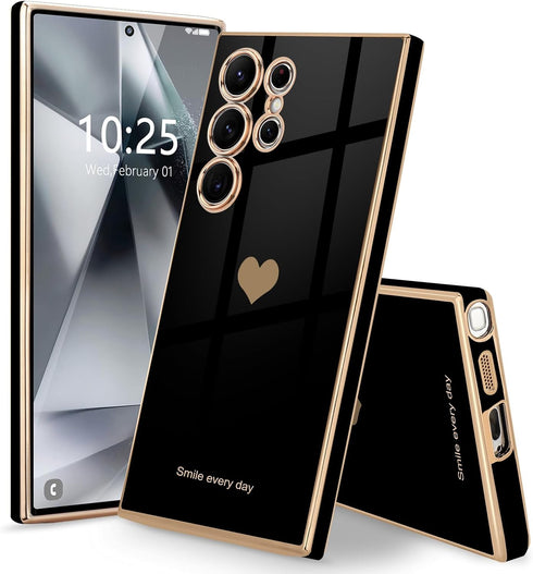 Teageo Black Case for Samsung Galaxy S24 Ultra 5G, Cute Love-Heart Luxury Soft Back Cover with Full Camera Protection