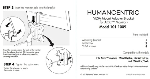 HumanCentric VESA Mount Adapter Bracket for AOC i2367Fh/Fm/F, i2757Fh/Fm, i2067f, i2267Fw/Fwh