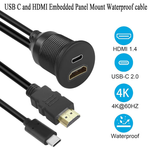 QIANRENON USB C&HDMI Threaded Flush Mount Waterproof Cable Adapter USB C 2.0+HDMI 1.4 Male to Female Panel Mount Extension Cable, 4K@60HZ, for Car,Dashboard,Desk, 1m/3.3ft