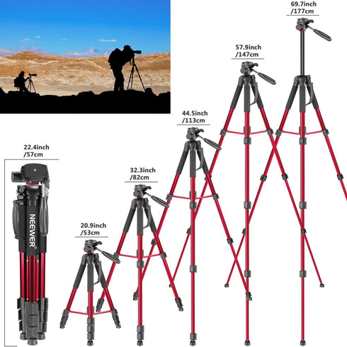 NEEWER Portable Aluminum Alloy 2 in 1 Tripod Monopod, Max 70"/177cm with 3 Way Swivel Pan Head, Carrying Bag