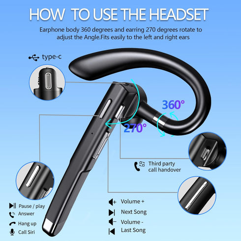 Bluetooth Headset for Cell Phones, 500Hrs Standby Time with LED Charging Case, Hands-Free Bluetooth 5.1