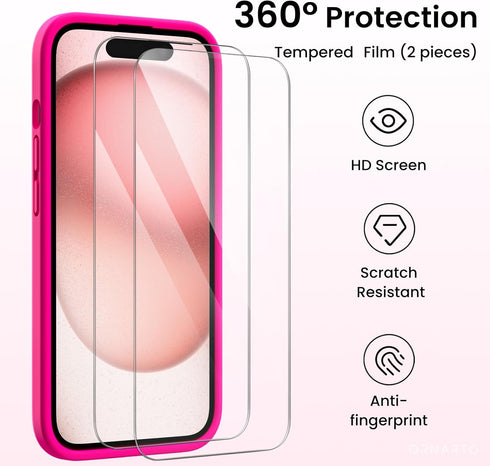 ORNARTO iPhone 15 Case - Shockproof, Waterproof Liquid Silicone, Full Cover with Screen Protectors - Hot Pink, 6.1 inch