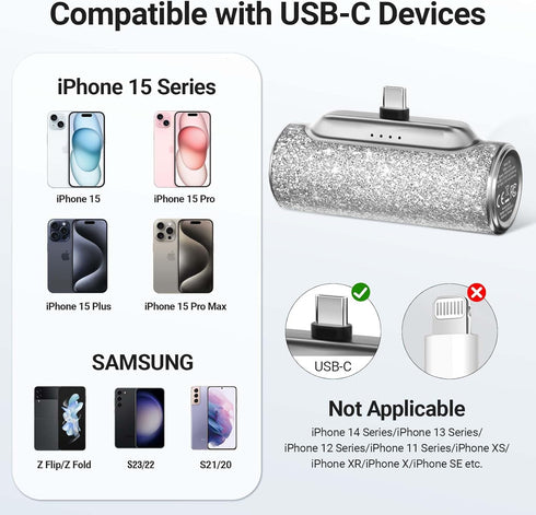 Mini Portable Charger USB C, 4500mAh Bling Cute Battery Pack for iPhone 16 15 /Pro/Pro Max/Plus, Shiny Silver
