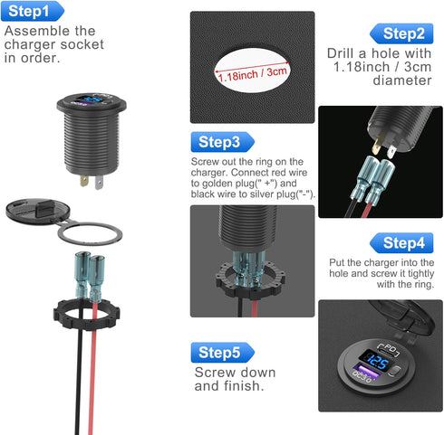 12V USB C Car Charger Socket, 38W USB Cigarette Lighter Replacement with PD 3.0 and QC 3.0 for Car Marine Truck