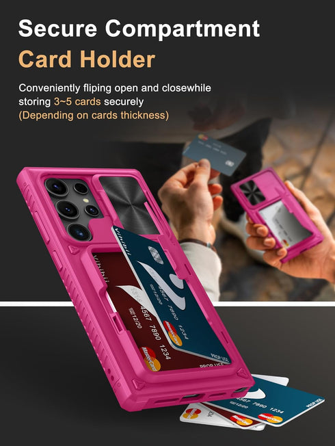 Vihibii for Samsung Galaxy S24 Ultra Case with Card Holder (4 Cards), Slide Camera Cover & Kickstand, Shockproof Rugged